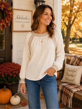 Spartina 449 Faherty Arles Embroidered Peasant Top – Egret – Size Medium
